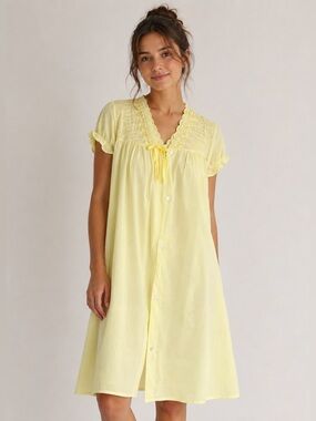 Vintage Butter Yellow Embroidered Nightgown Set Floral Bow Coquette Puff Sleeve